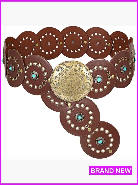 Accessories - Western PU Leather Belt Wide Waist Boho Chic Cowgirl Concho Buckle Adjustable